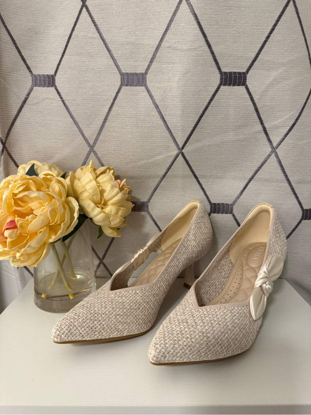 Vivaia Anna Cream Woven Pointed-Toe Mid Heels with Bow Accent